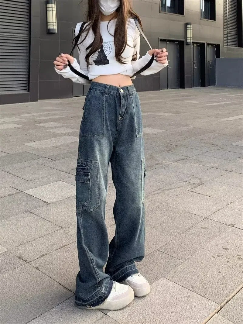 Jeans de pierna ancha, de tiro alto, con lavado vintage para mujer — Detalles del producto 3