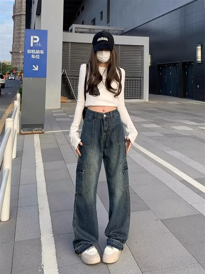 Jeans de pierna ancha, de tiro alto, con lavado vintage para mujer — Detalles del producto 4