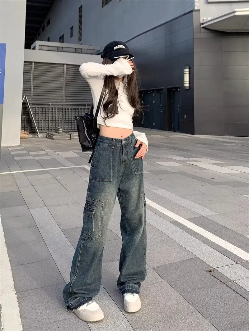 Jeans de pierna ancha, de tiro alto, con lavado vintage para mujer — Detalles del producto 6