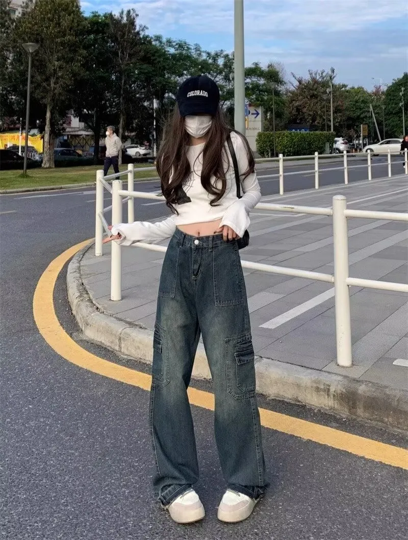 Jeans de pierna ancha, de tiro alto, con lavado vintage para mujer — Detalles del producto 9