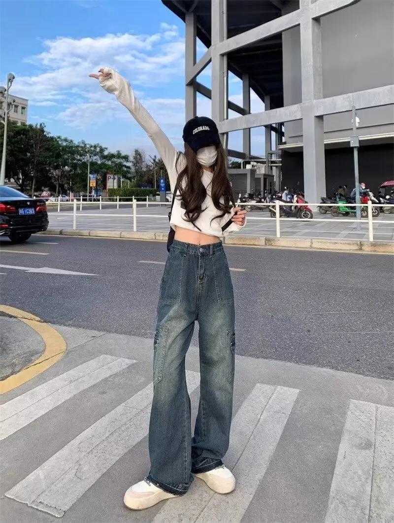 Jeans de pierna ancha, de tiro alto, con lavado vintage para mujer — Detalles del producto 12