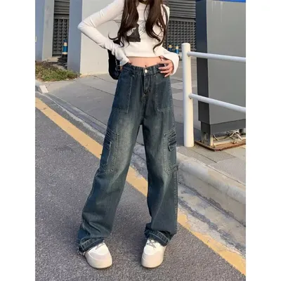 Jeans de pierna ancha, de tiro alto, con lavado vintage para mujer — view 3