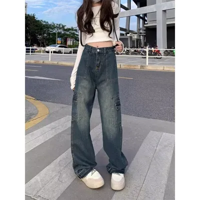Jeans de pierna ancha, de tiro alto, con lavado vintage para mujer — view 5