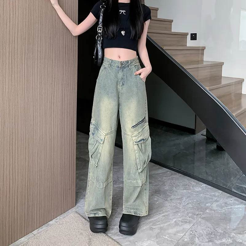 Jeans de pierna ancha, con lavado vintage, multibolsillo para mujer — Detalles del producto 1