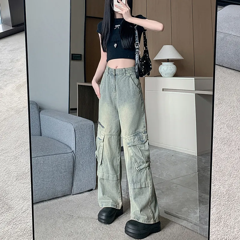 Jeans de pierna ancha, con lavado vintage, multibolsillo para mujer — Detalles del producto 3