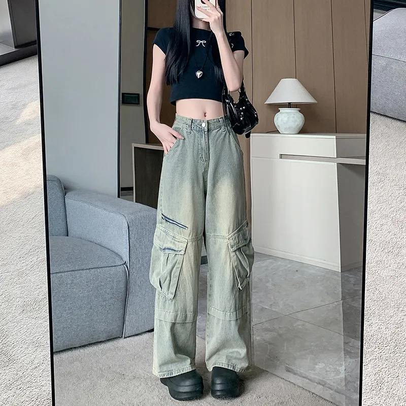 Jeans de pierna ancha, con lavado vintage, multibolsillo para mujer — Detalles del producto 4
