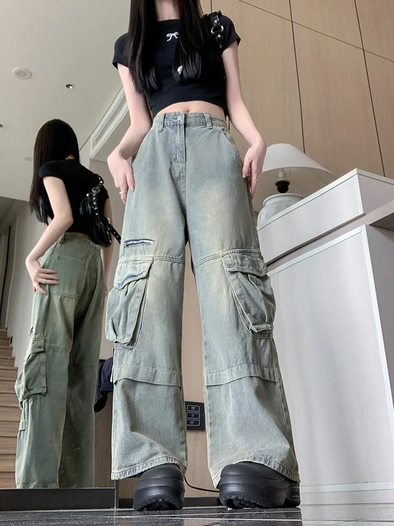 Jeans de pierna ancha, con lavado vintage, multibolsillo para mujer — Detalles del producto 5
