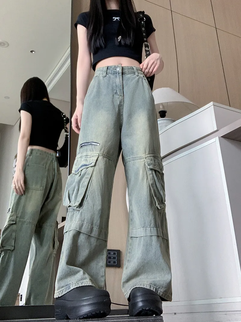 Jeans de pierna ancha, con lavado vintage, multibolsillo para mujer — Detalles del producto 6