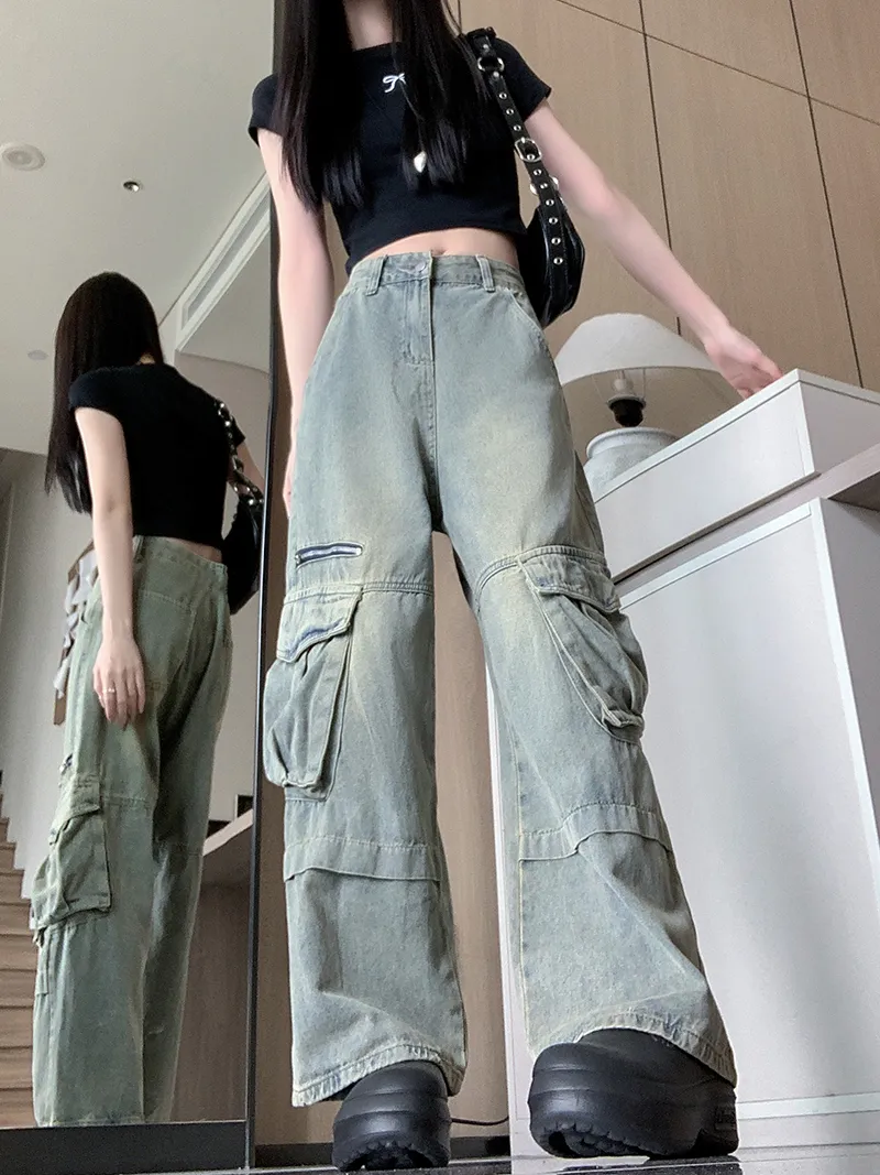 Jeans de pierna ancha, con lavado vintage, multibolsillo para mujer — Detalles del producto 7