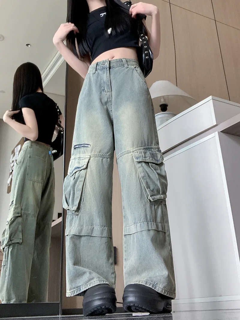 Jeans de pierna ancha, con lavado vintage, multibolsillo para mujer — Detalles del producto 8