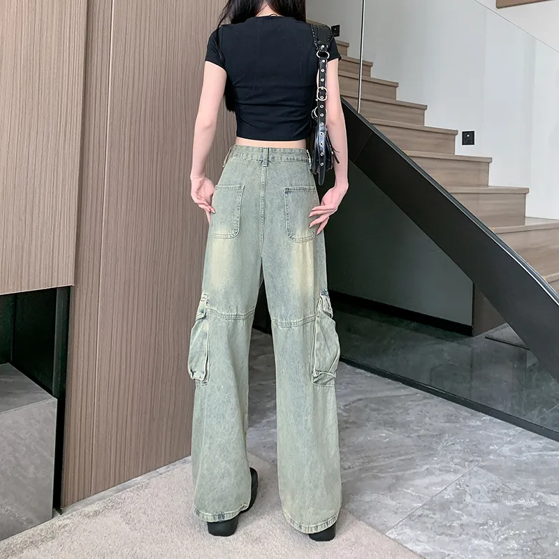 Jeans de pierna ancha, con lavado vintage, multibolsillo para mujer — Detalles del producto 10