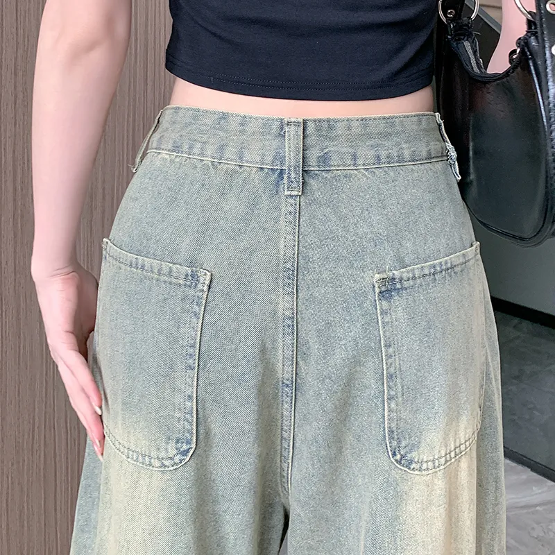Jeans de pierna ancha, con lavado vintage, multibolsillo para mujer — Detalles del producto 11