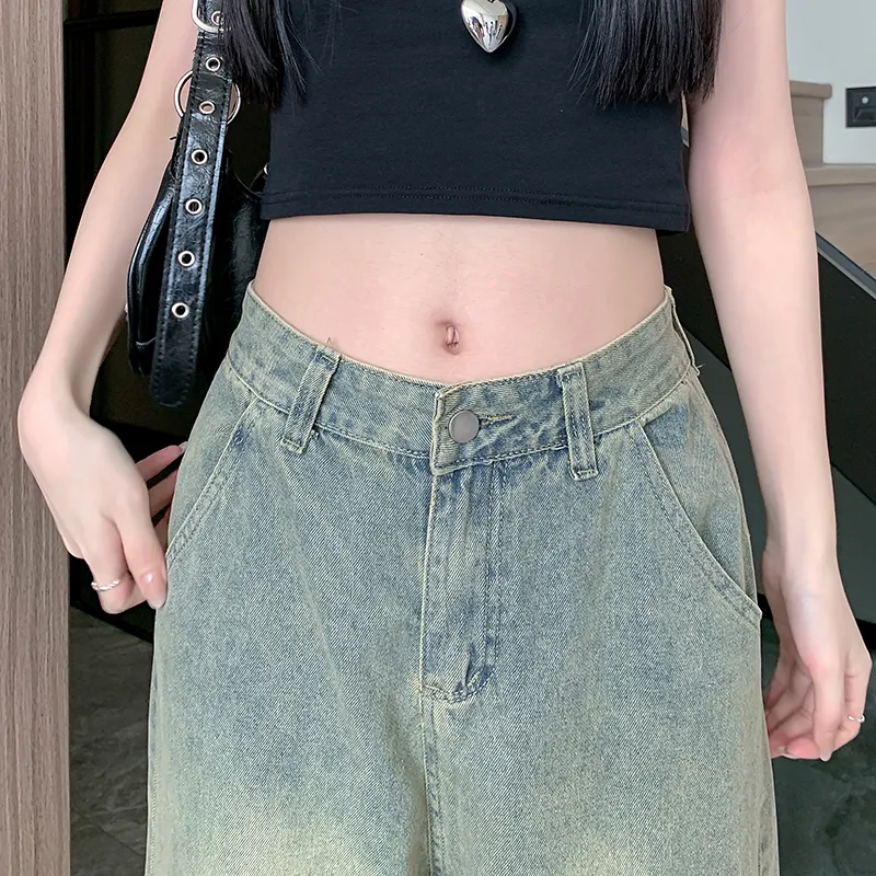 Jeans de pierna ancha, con lavado vintage, multibolsillo para mujer — Detalles del producto 12