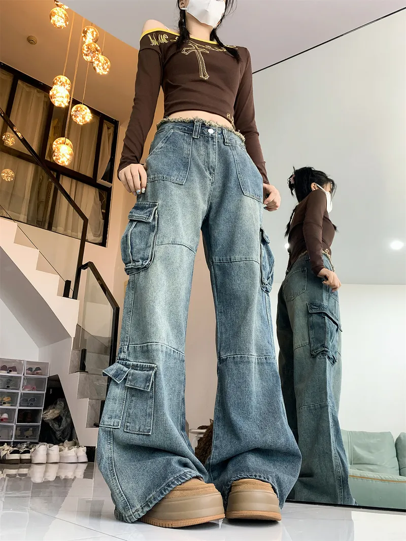 Wide-Leg Frayed Hem Multi-Pocket Cargo Pants — Product details 4