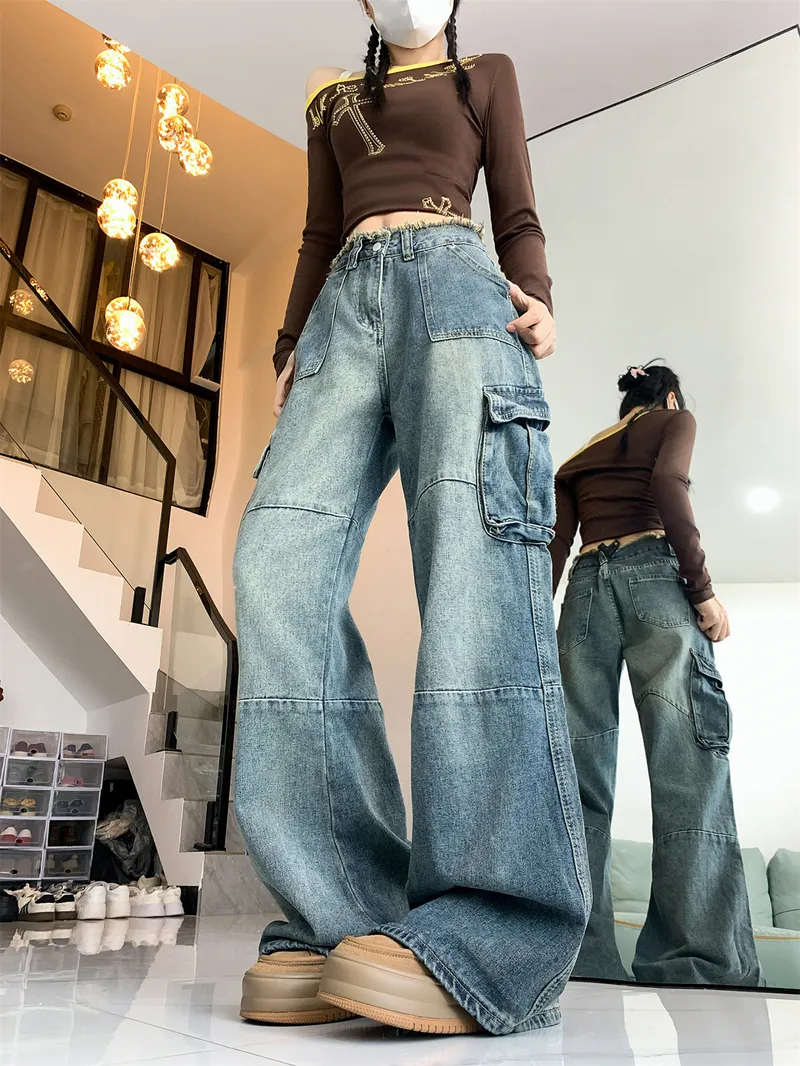 Wide-Leg Frayed Hem Multi-Pocket Cargo Pants — Product details 6