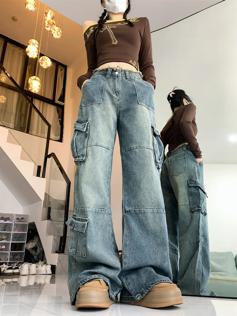 Wide-Leg Frayed Hem Multi-Pocket Cargo Pants — Product details 7