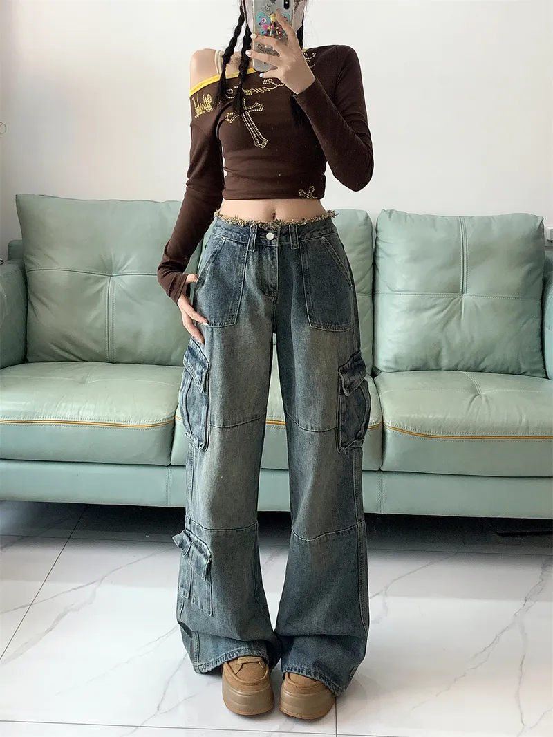 Wide-Leg Frayed Hem Multi-Pocket Cargo Pants — Product details 9