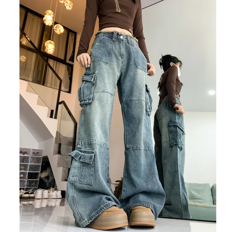 Wide-Leg Frayed Hem Multi-Pocket Cargo Pants — view 1