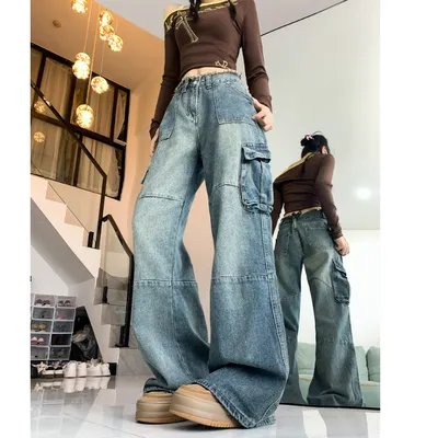 Wide-Leg Frayed Hem Multi-Pocket Cargo Pants — view 3