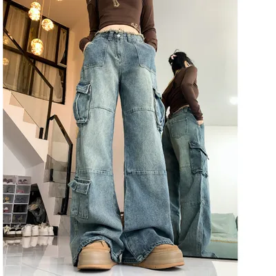 Wide-Leg Frayed Hem Multi-Pocket Cargo Pants — view 4