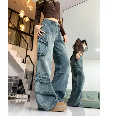 Wide-Leg Frayed Hem Multi-Pocket Cargo Pants — view 5