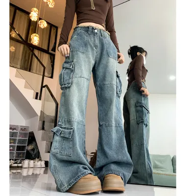 Wide-Leg Frayed Hem Multi-Pocket Cargo Pants — view 6