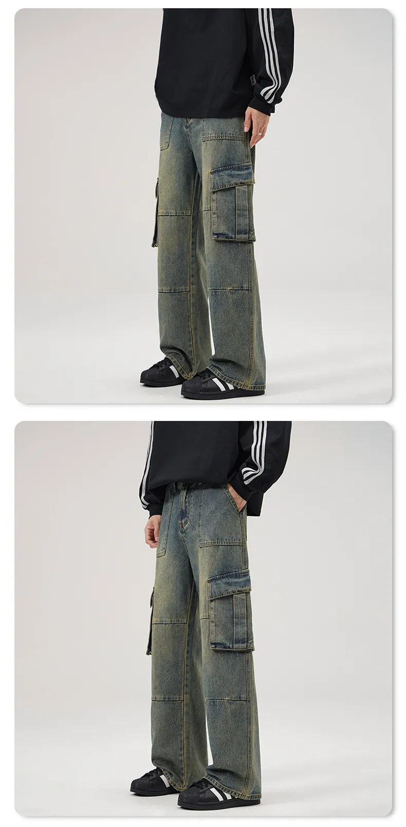 Jeans de corte recto, con lavado, multibolsillo para hombre — Detalles del producto 9