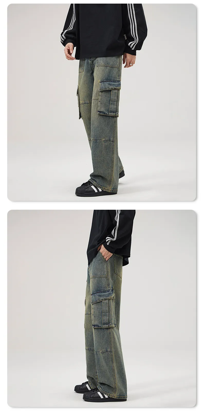 Jeans de corte recto, con lavado, multibolsillo para hombre — Detalles del producto 10