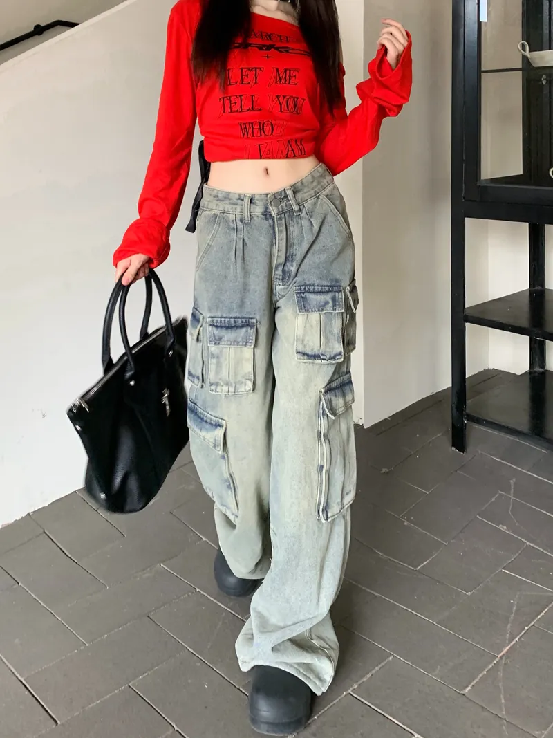 Calça Cargo pernas largas de cintura baixa com múltiplos bolsos Feminina — Detalhes do produto 5
