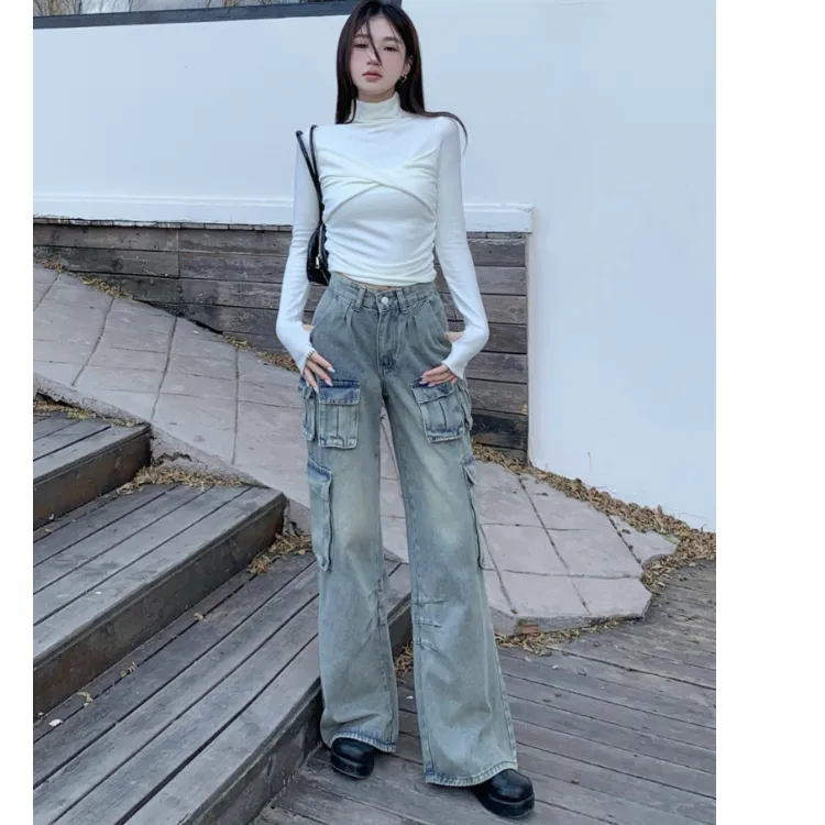 Wide-Leg Low-Rise Washed Cargo Pants — view 1