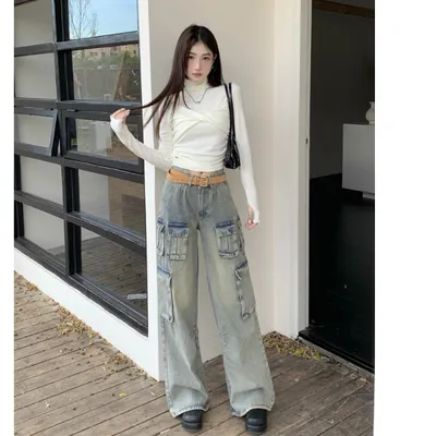 Wide-Leg Low-Rise Washed Cargo Pants — view 4