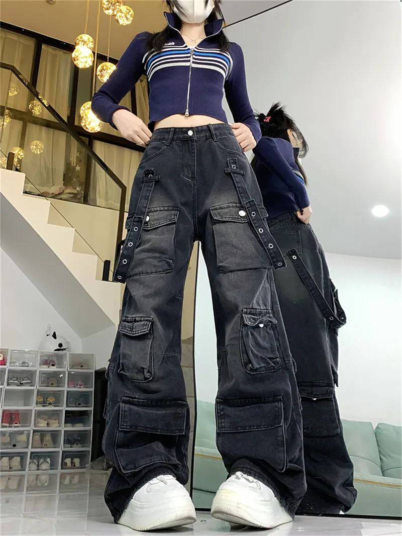 Jeans de pierna ancha, con lavado vintage, multibolsillo para mujer — Detalles del producto 2