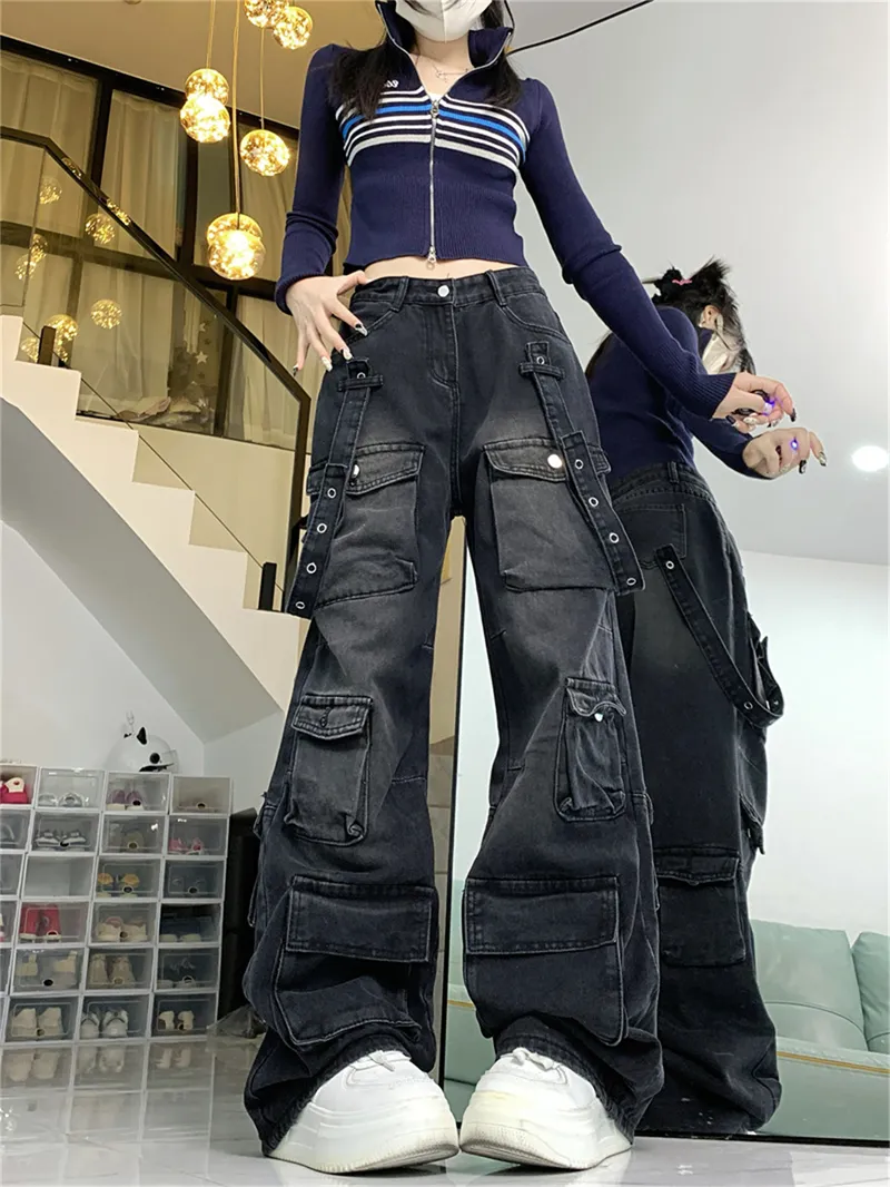 Jeans de pierna ancha, con lavado vintage, multibolsillo para mujer — Detalles del producto 3