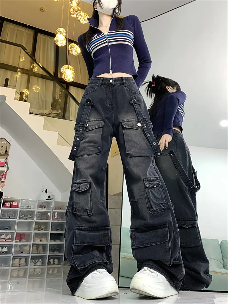 Jeans de pierna ancha, con lavado vintage, multibolsillo para mujer — Detalles del producto 4