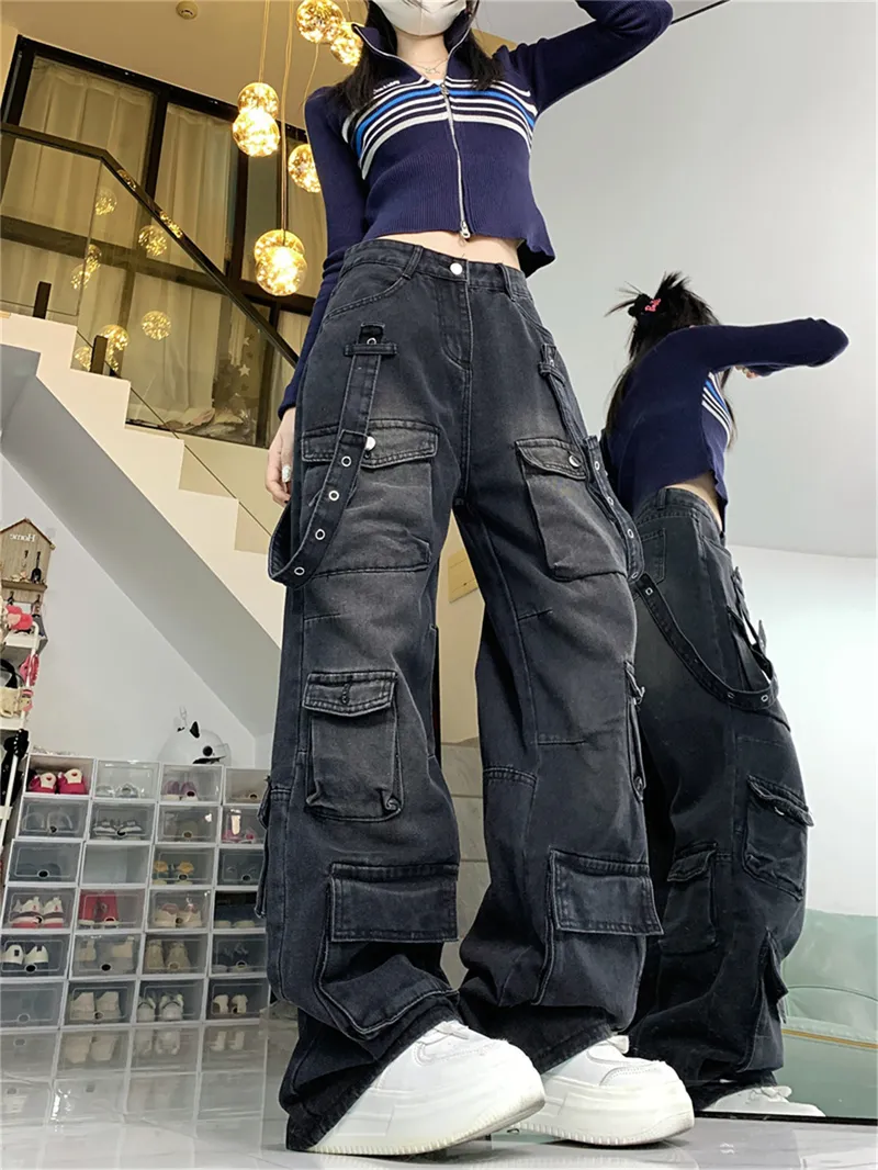 Jeans de pierna ancha, con lavado vintage, multibolsillo para mujer — Detalles del producto 5