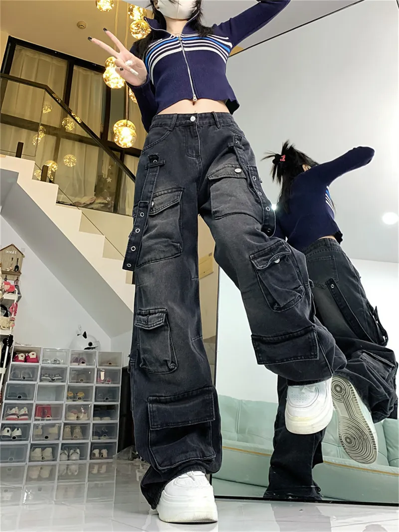 Jeans de pierna ancha, con lavado vintage, multibolsillo para mujer — Detalles del producto 6