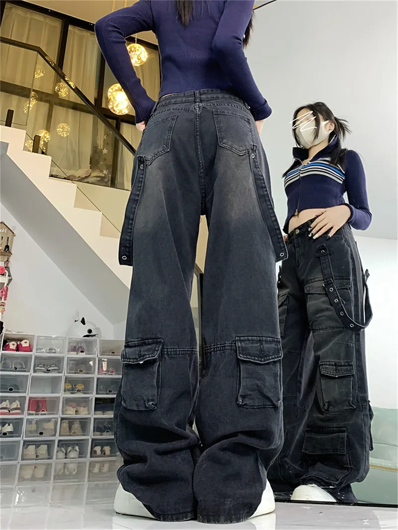 Jeans de pierna ancha, con lavado vintage, multibolsillo para mujer — Detalles del producto 7