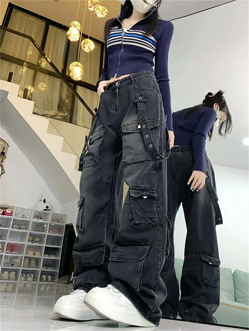 Jeans de pierna ancha, con lavado vintage, multibolsillo para mujer — Detalles del producto 8
