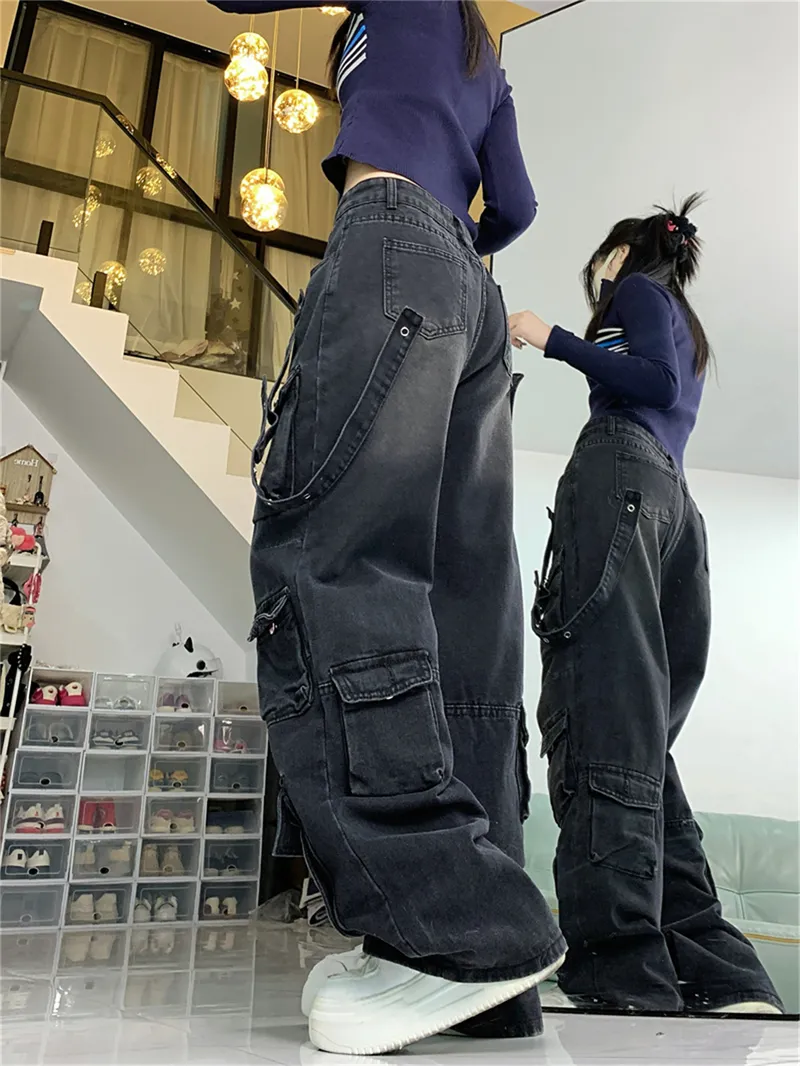 Jeans de pierna ancha, con lavado vintage, multibolsillo para mujer — Detalles del producto 9