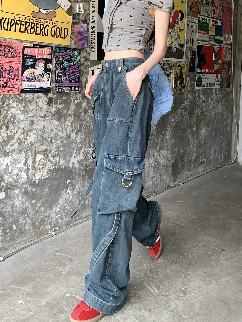 Calça Jeans pernas largas de cintura alta com múltiplos bolsos Feminina — Detalhes do produto 7