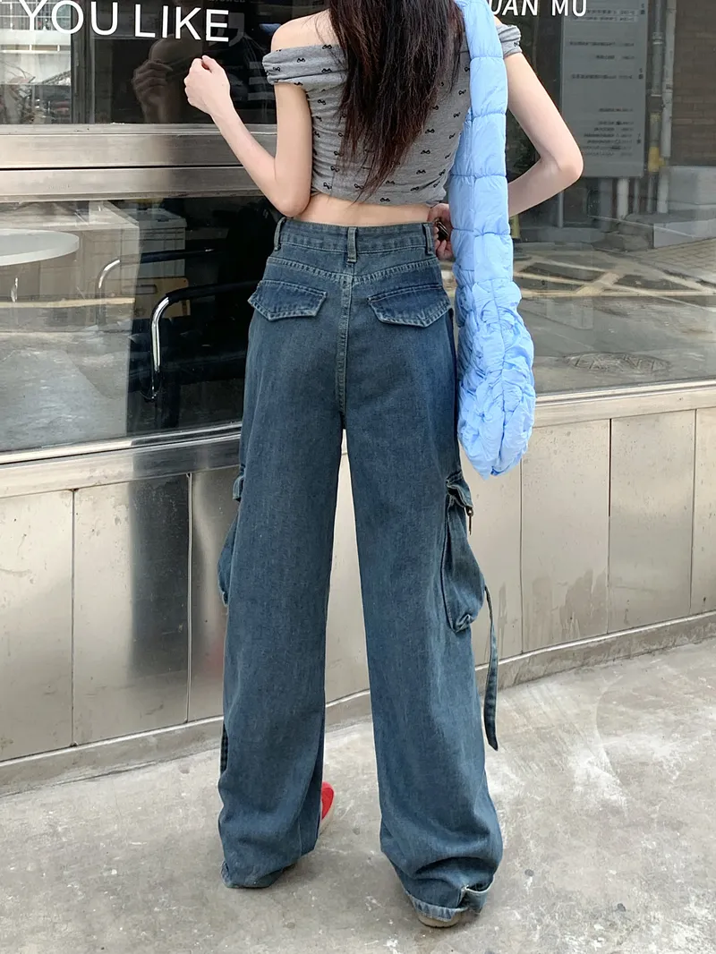 Calça Jeans pernas largas de cintura alta com múltiplos bolsos Feminina — Detalhes do produto 8
