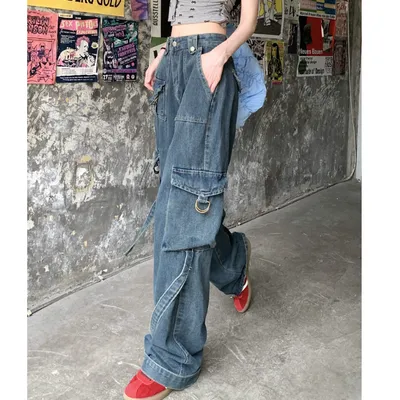 Calça Jeans pernas largas de cintura alta com múltiplos bolsos Feminina — view 5