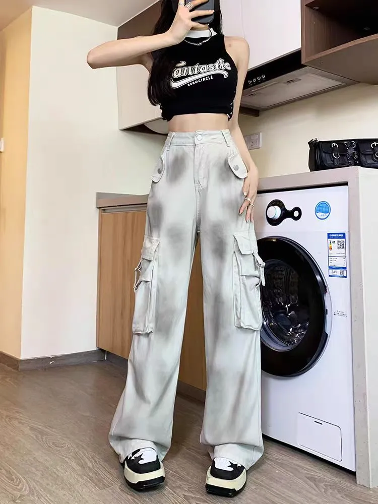 Jeans de pierna ancha, tie-dye, multibolsillo para mujer — Detalles del producto 5