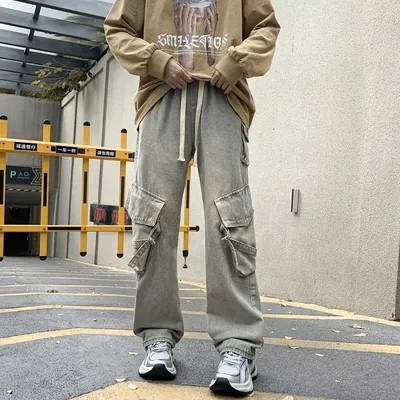 Calça Cargo de corte reto com lavagem com múltiplos bolsos Unissex — view 3