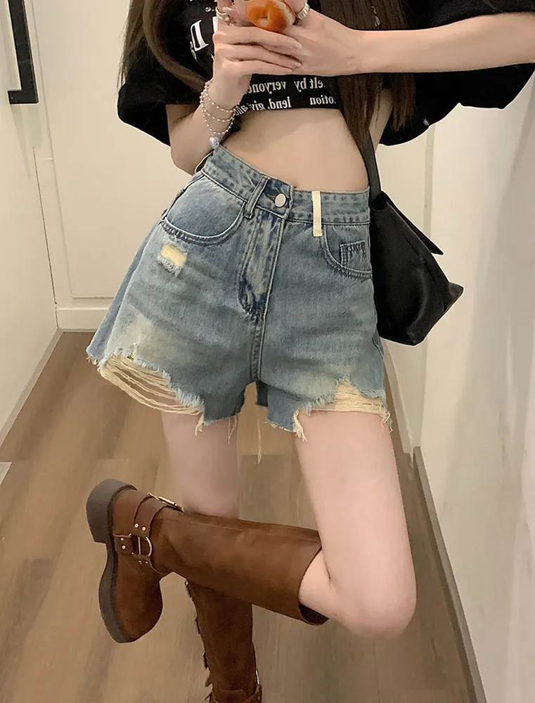 Jeans de pierna ancha, de tiro alto, con rasguños para mujer — Detalles del producto 4
