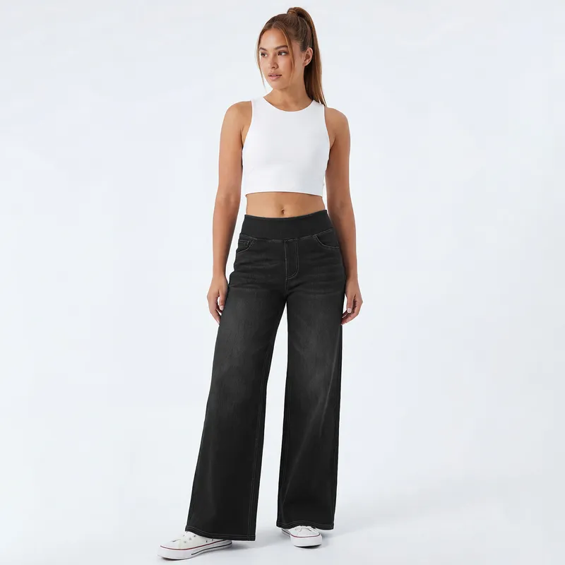 Jeans de pierna ancha, de tiro alto, con lavado para mujer — Detalles del producto 14