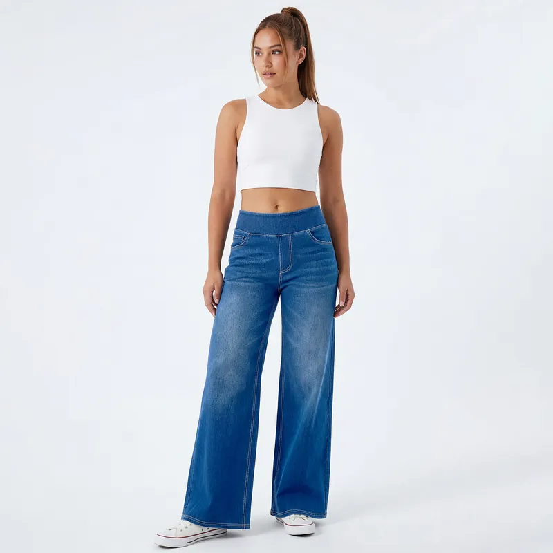 Jeans de pierna ancha, de tiro alto, con lavado para mujer — Detalles del producto 20