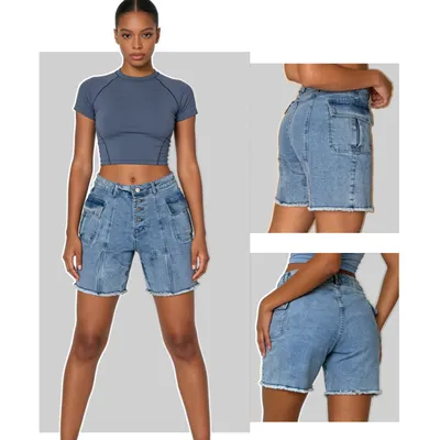 Shorts de Mezclilla de pierna ancha, con lavado vintage para mujer — view 3