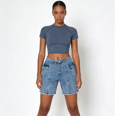 Shorts de Mezclilla de pierna ancha, con lavado vintage para mujer — view 5