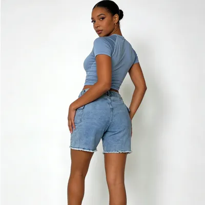 Shorts de Mezclilla de pierna ancha, con lavado vintage para mujer — view 6